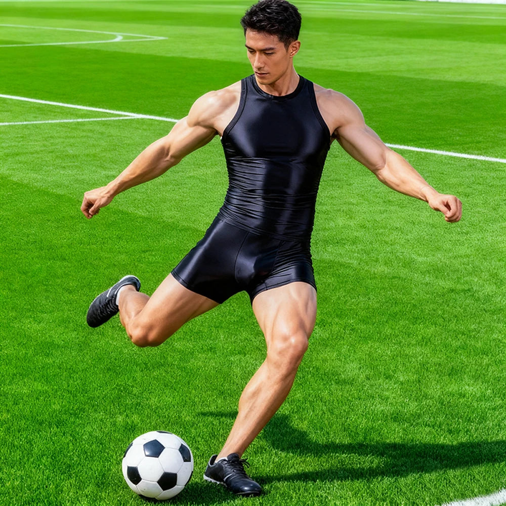 Men Silky Glossy Shiny Tracksuits Casual Sports Running Thin Smooth Activewear Sets Breathable Quick-drying Tank Top Shorts Sets