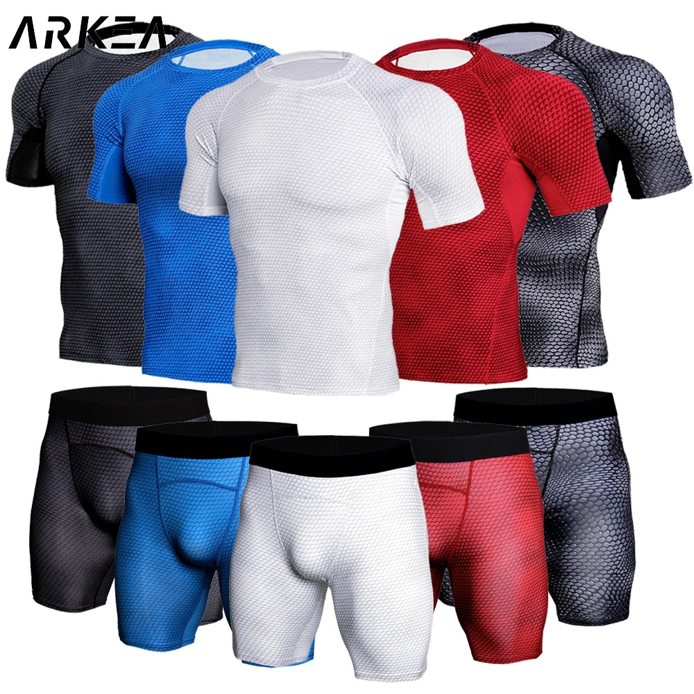 Men's Sports Suit male Quick dry Sportswear short sleeve T-Shirt Compression Clothing Fitness Training kit leggings Gym shorts