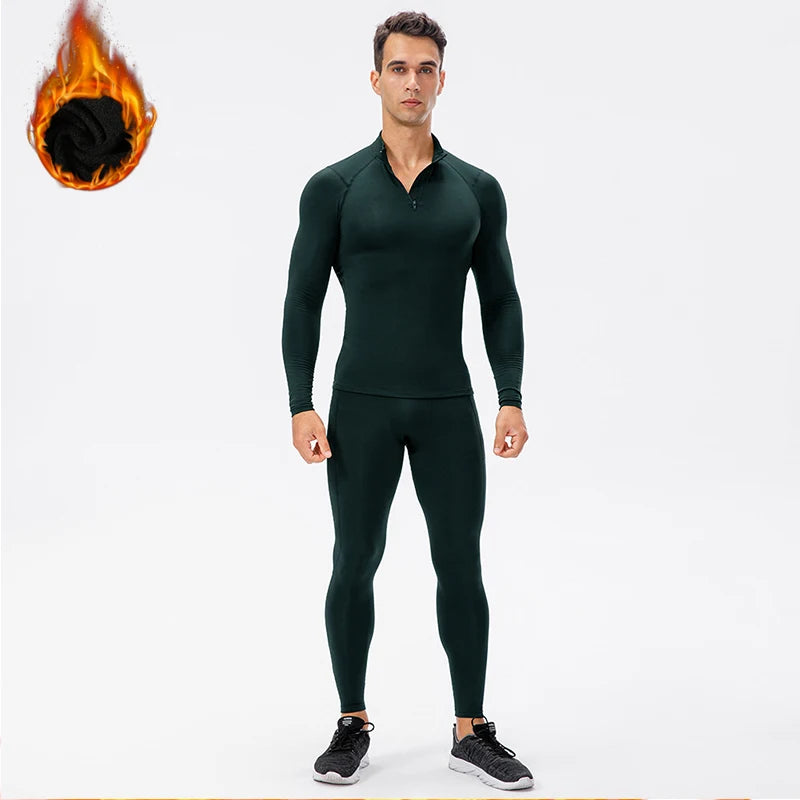 2 Pcs/Set Men's Velvet Tracksuit Fitness Sports Suit Gym Clothes Running Training Jogging Suit Thermal Underwear Male Sportswear