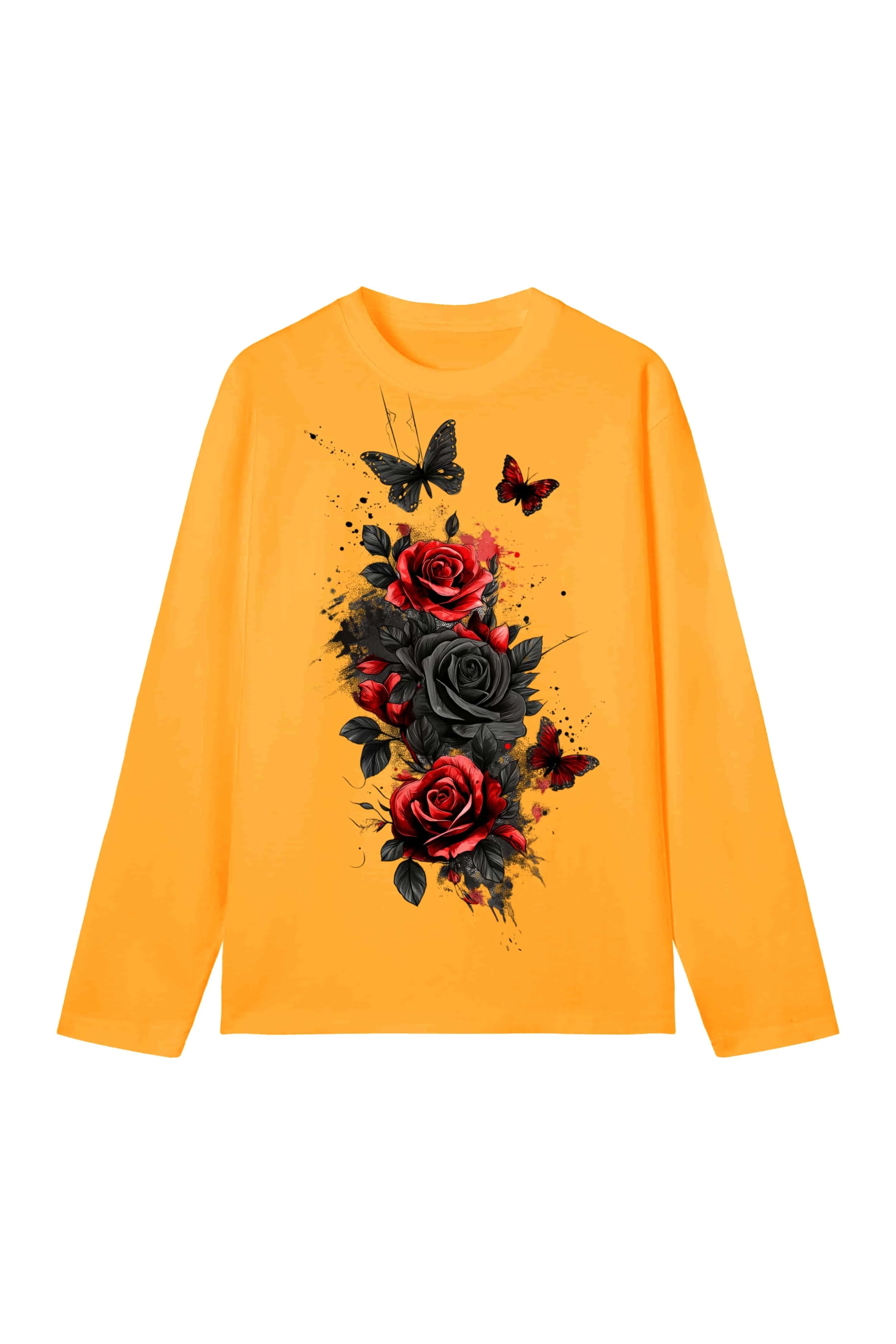 New men's and women's T-shirts, trendy ink-style rose and butterfly long-sleeve print, casual short-sleeve couple T-shirts