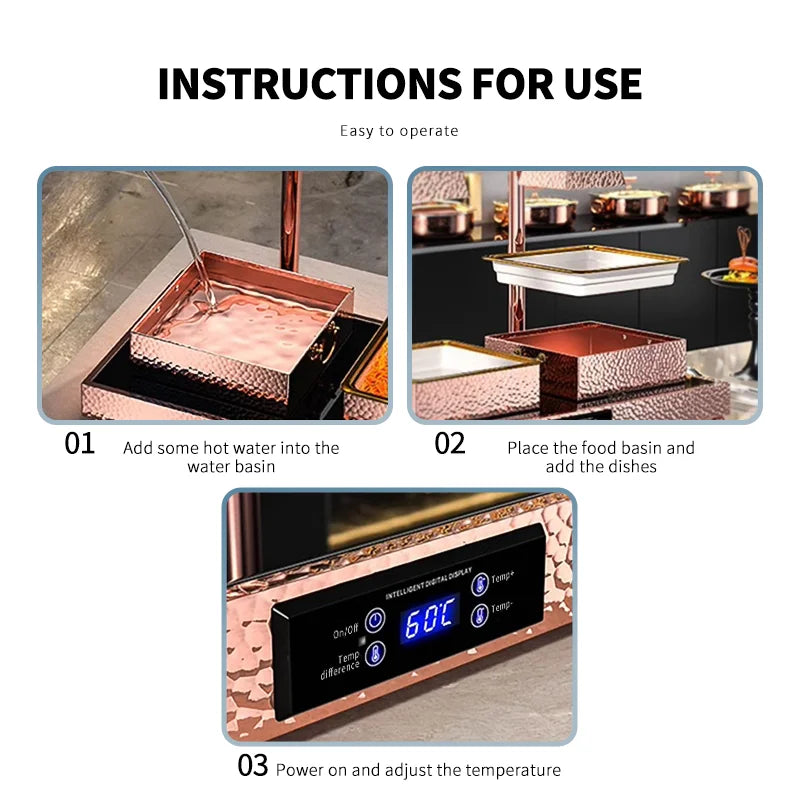 High-end Rose Gold Stainless Steel Buffet Server Lamp Food Warming Light Lamp Touch Control Electric Heating Plate