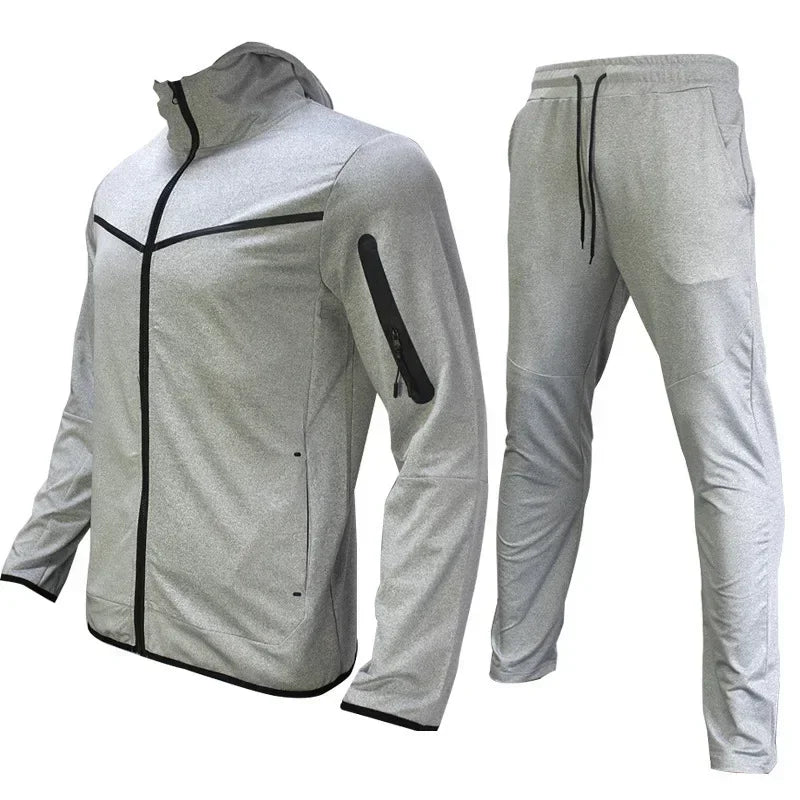 Autumn Men's Hooded Running Sets Patchwork Casual Tracksuits Zipper Jacket+Pants 2Pcs Sets Male Slim Gym Sportswear Jogging Suit