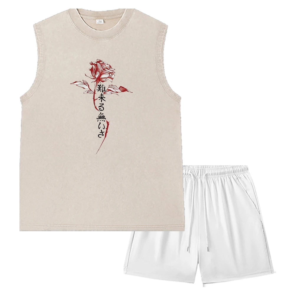 Summer Men's Washed Tank Top & Athletic Shorts Set Retro Distressed Sleeveless T-Shirt Harajuku Style Rose Text Graphic Print
