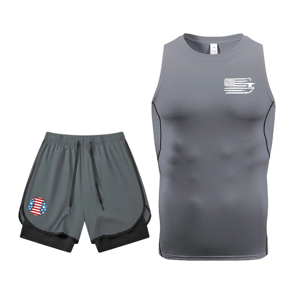 Men's Quick Dry Gym Workout 2 Piece Set Compression Sleeveless Shirt & Running Shorts Kit Flag Graphic Print Gym & Athletic Gear