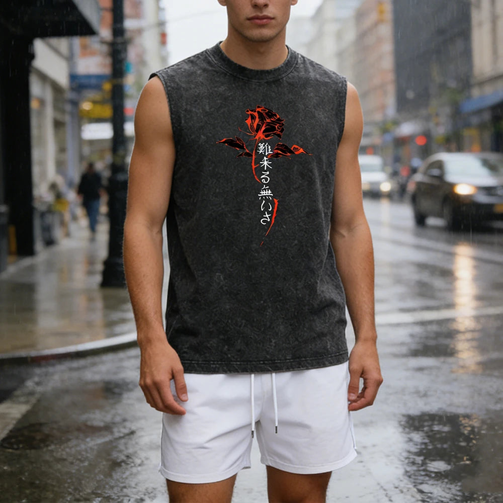 Summer Men's Washed Tank Top & Athletic Shorts Set Retro Distressed Sleeveless T-Shirt Harajuku Style Rose Text Graphic Print