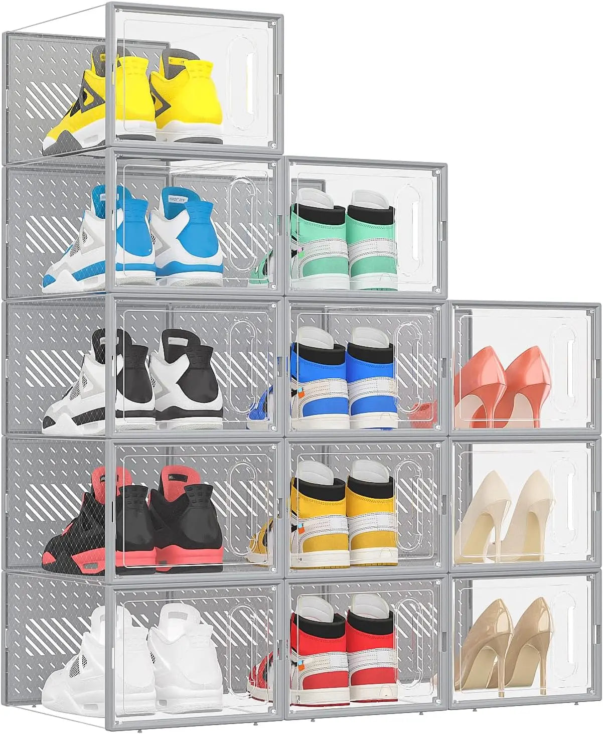 eWonLife Large Shoe Organizer Storage Box with Magnetic Door,12 Pack Clear Plastic Stackable Sneaker Containers for Closet, Conn