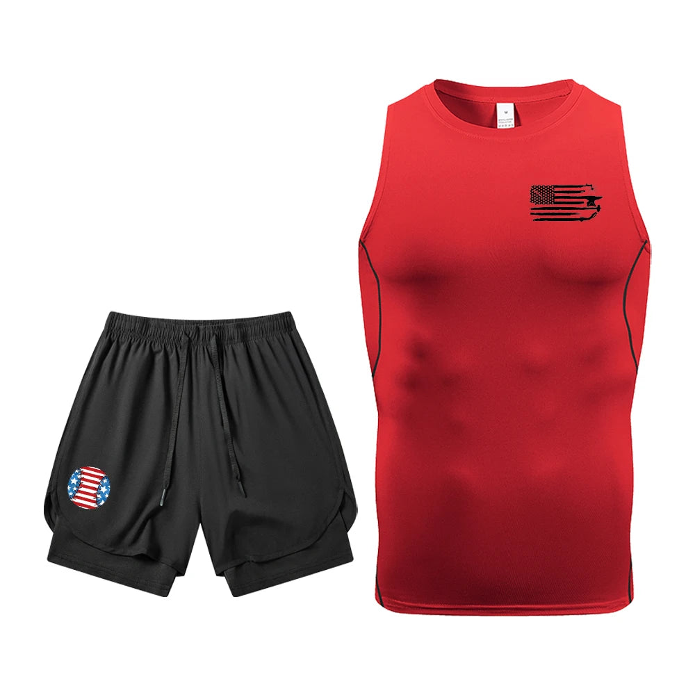 Men's Quick Dry Gym Workout 2 Piece Set Compression Sleeveless Shirt & Running Shorts Kit Flag Graphic Print Gym & Athletic Gear