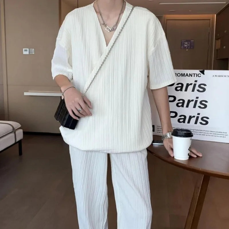 Men's Ice Silk Sportswear Set V Neck Short Sleeve T Shirt Long Pants Two Piece Summer Outfit UK Punk Style Large Size