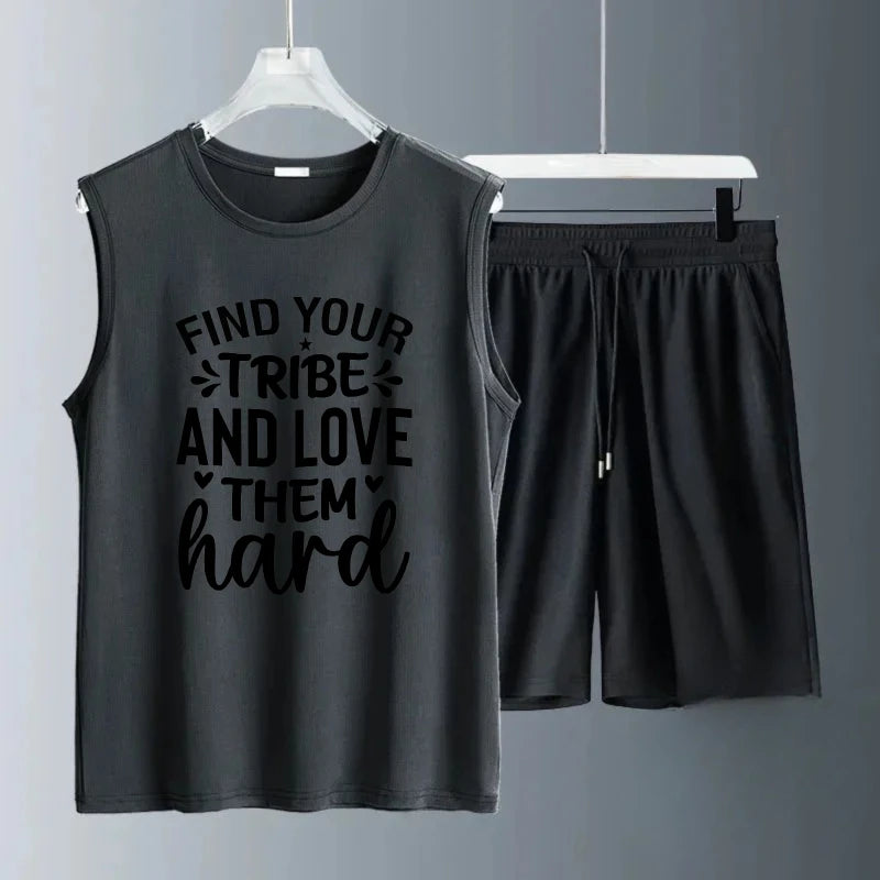Men's vest suit Summer sleeveless printed Find Your Tribe And Love Them Hard tank  Tops + shorts  men's set man tracksuit set
