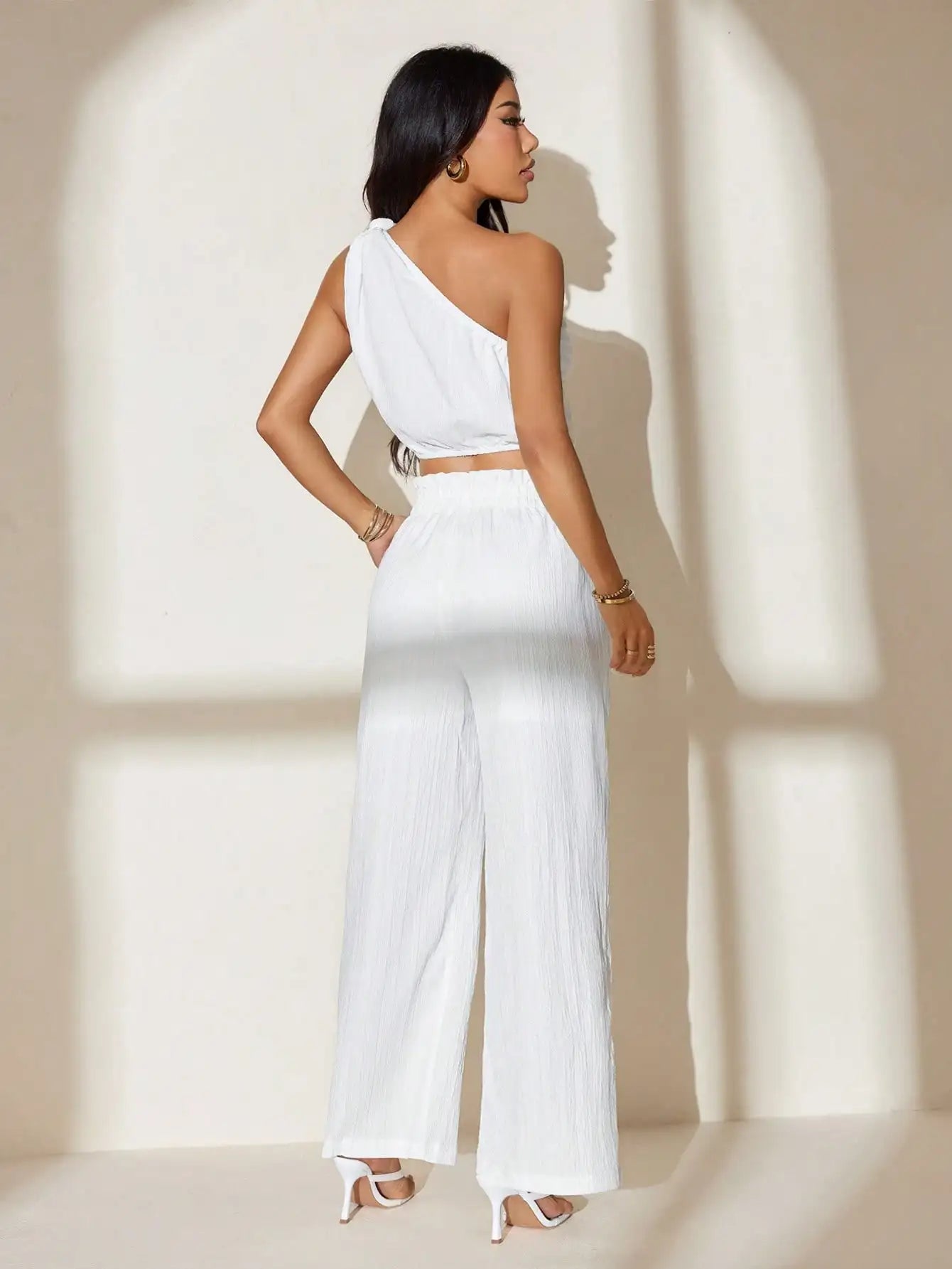 White One-Shoulder Crop Top & Wide Leg Pants Set for Summer Festivals, Beach, Vacation, Casual Wear