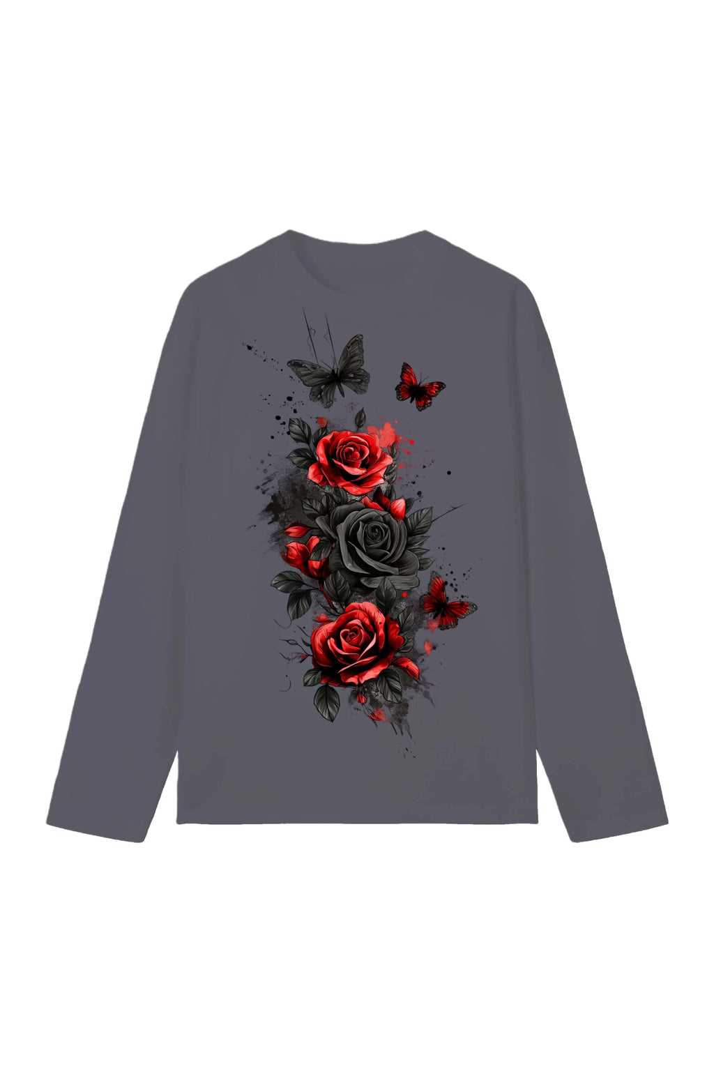 New men's and women's T-shirts, trendy ink-style rose and butterfly long-sleeve print, casual short-sleeve couple T-shirts
