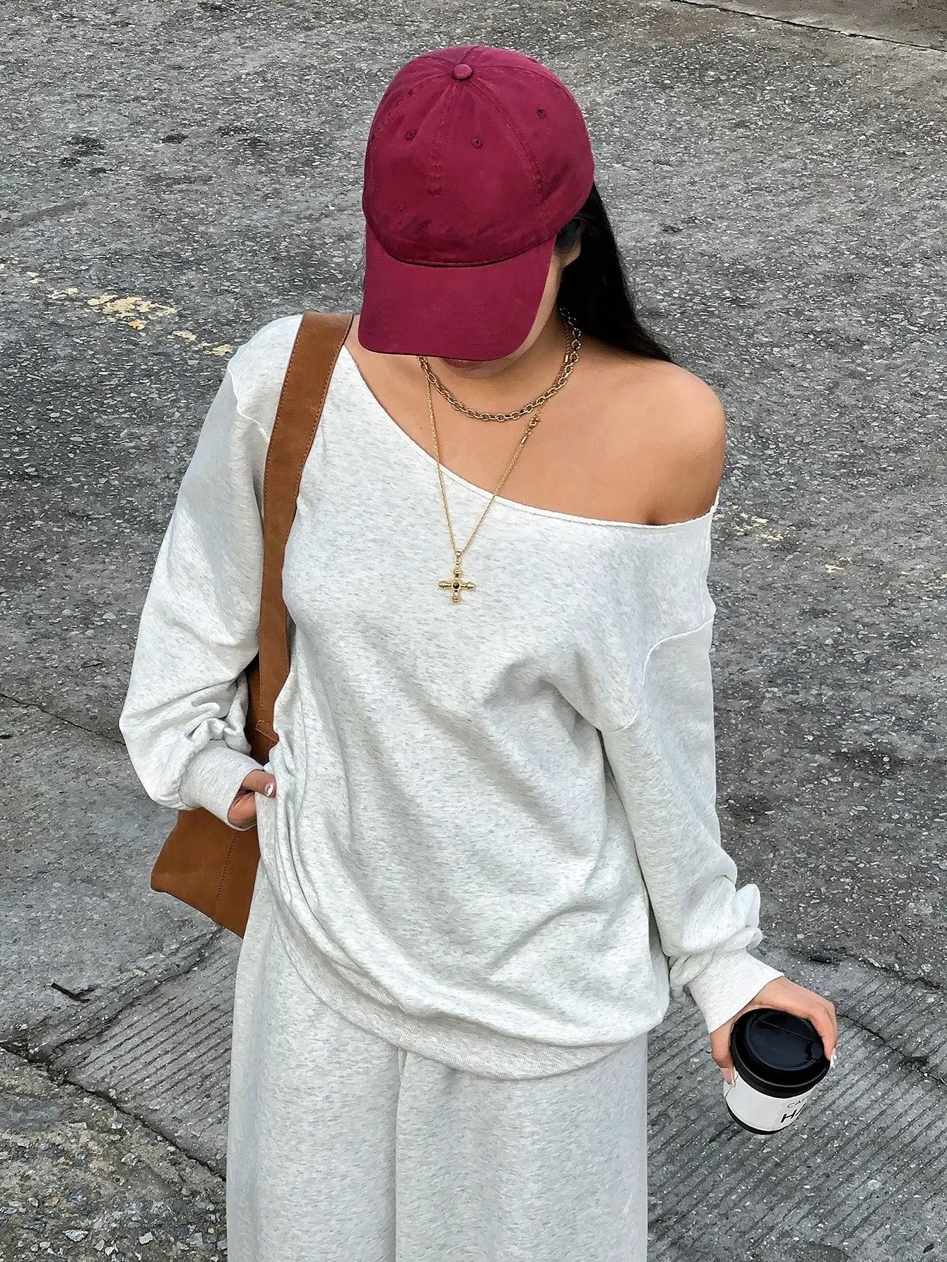 Women's Off-Shoulder Asymmetrical Sweatshirt & Wide-Leg Sweatpants Set - Light Gray Casual Matching Outfit