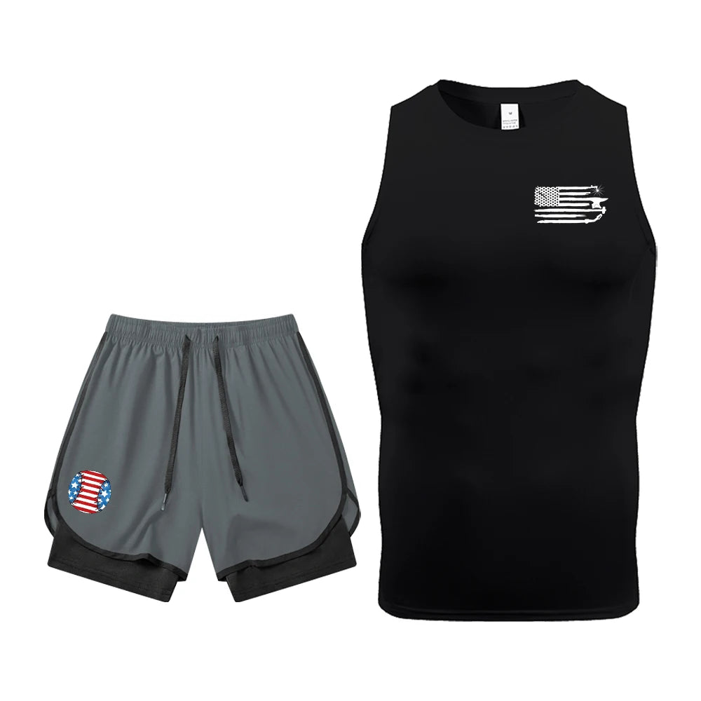 Men's Quick Dry Gym Workout 2 Piece Set Compression Sleeveless Shirt & Running Shorts Kit Flag Graphic Print Gym & Athletic Gear