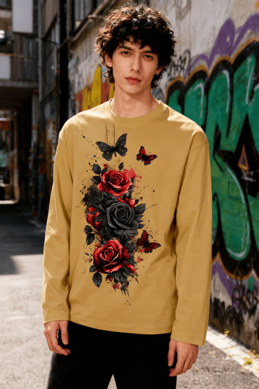 New men's and women's T-shirts, trendy ink-style rose and butterfly long-sleeve print, casual short-sleeve couple T-shirts