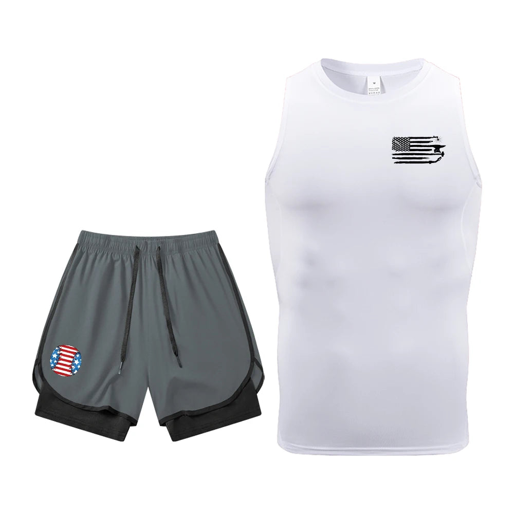 Men's Quick Dry Gym Workout 2 Piece Set Compression Sleeveless Shirt & Running Shorts Kit Flag Graphic Print Gym & Athletic Gear