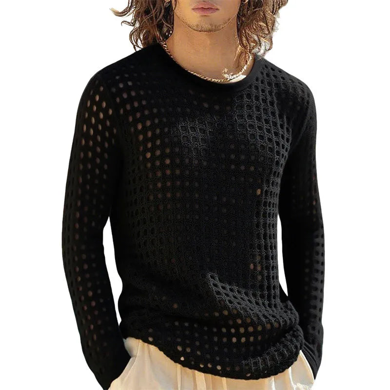 Men's Simple Sexy Mesh Tops Spring/Summer American Casual Fashion Round Neck Hollow Out Knitted Long Sleeve T-shirt