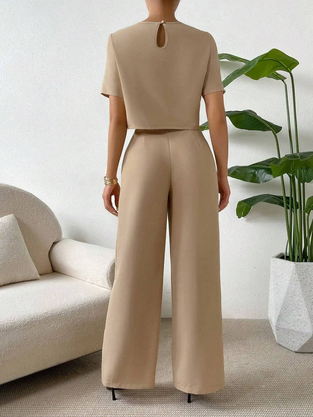 Beige 2-Piece Set: Cropped Short Sleeve Top & Wide Leg Pants