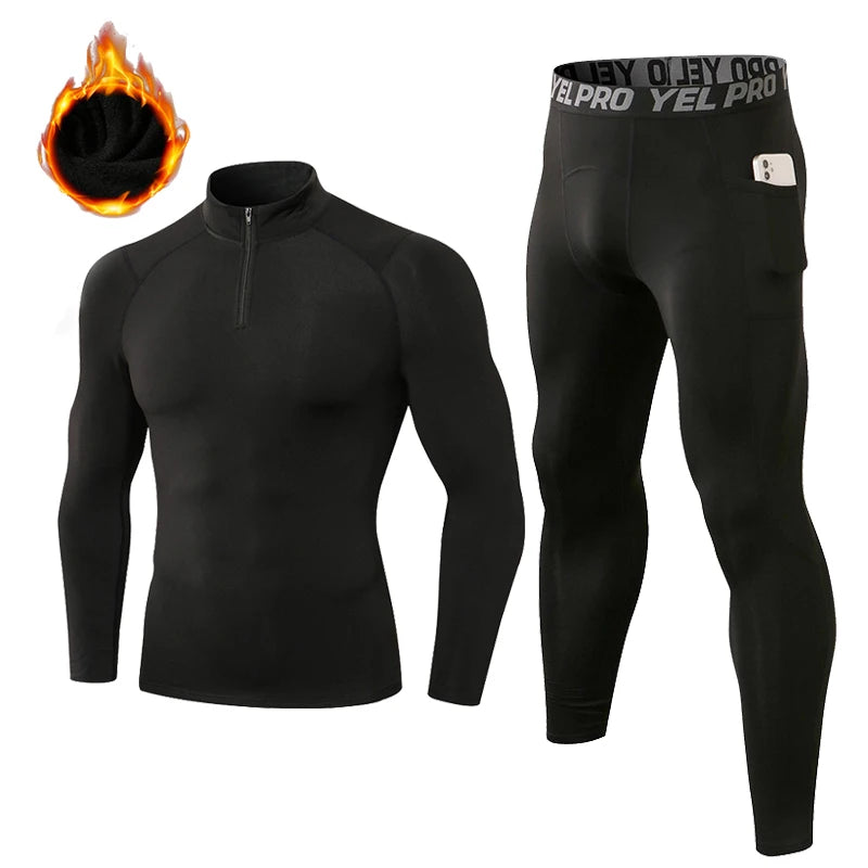 2 Pcs/Set Men's Velvet Tracksuit Fitness Sports Suit Gym Clothes Running Training Jogging Suit Thermal Underwear Male Sportswear
