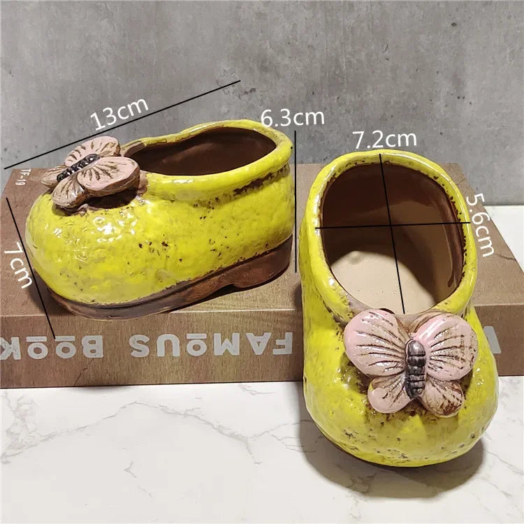 Living Room Decoration, Coarse Ceramic Vases, Hand-painted Cute Shoe Flower Pots, Indoor Balcony Succulent Plant Flower Pots