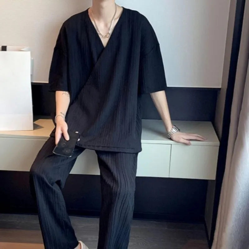 Men's Ice Silk Sportswear Set V Neck Short Sleeve T Shirt Long Pants Two Piece Summer Outfit UK Punk Style Large Size