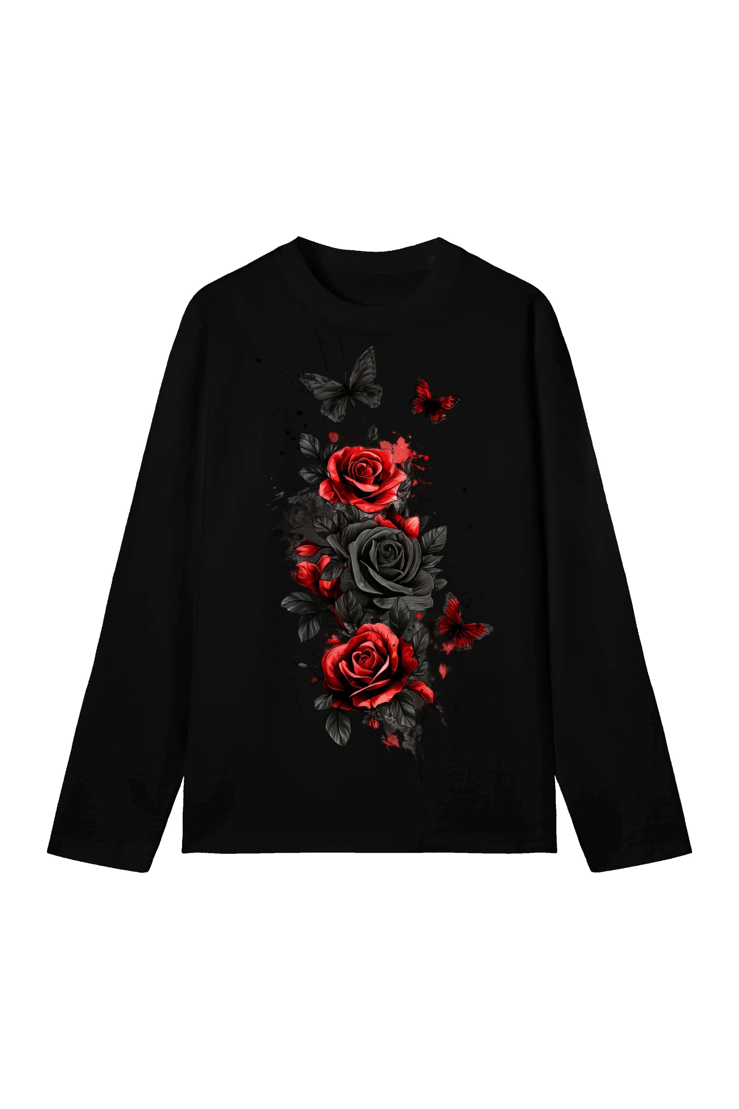 New men's and women's T-shirts, trendy ink-style rose and butterfly long-sleeve print, casual short-sleeve couple T-shirts