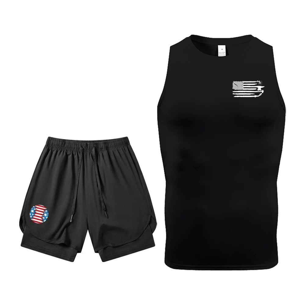 Men's Quick Dry Gym Workout 2 Piece Set Compression Sleeveless Shirt & Running Shorts Kit Flag Graphic Print Gym & Athletic Gear