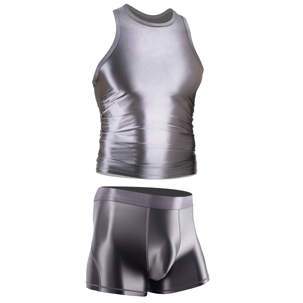 Men Silky Glossy Shiny Tracksuits Casual Sports Running Thin Smooth Activewear Sets Breathable Quick-drying Tank Top Shorts Sets