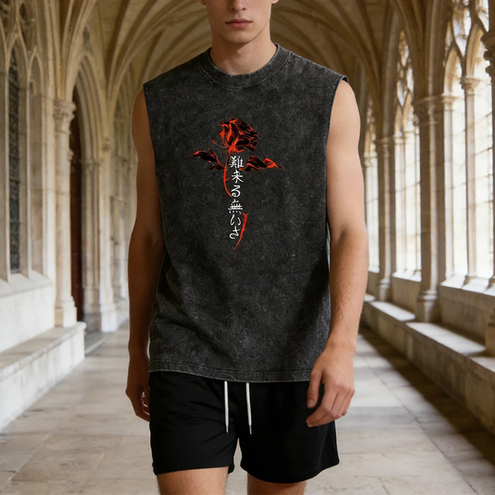 Summer Men's Washed Tank Top & Athletic Shorts Set Retro Distressed Sleeveless T-Shirt Harajuku Style Rose Text Graphic Print