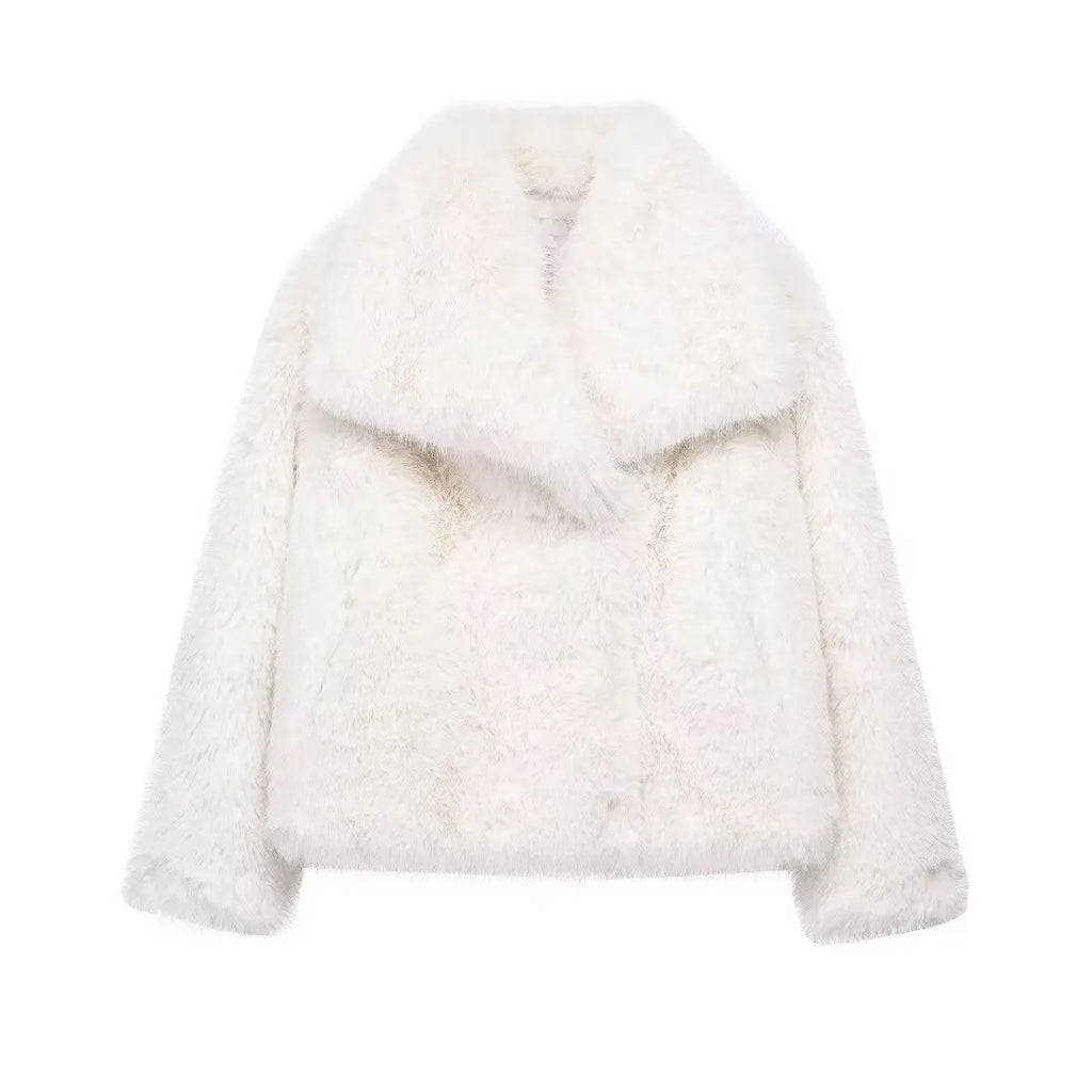 HH Women Fashion Cropped Faux Fur Jacket Coat Long Sleeve Front Snap-button Female Outerwear Chic Lapel Collar Thick Coat