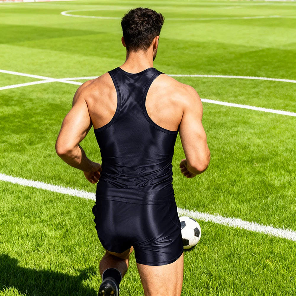 Men Silky Glossy Shiny Tracksuits Casual Sports Running Thin Smooth Activewear Sets Breathable Quick-drying Tank Top Shorts Sets