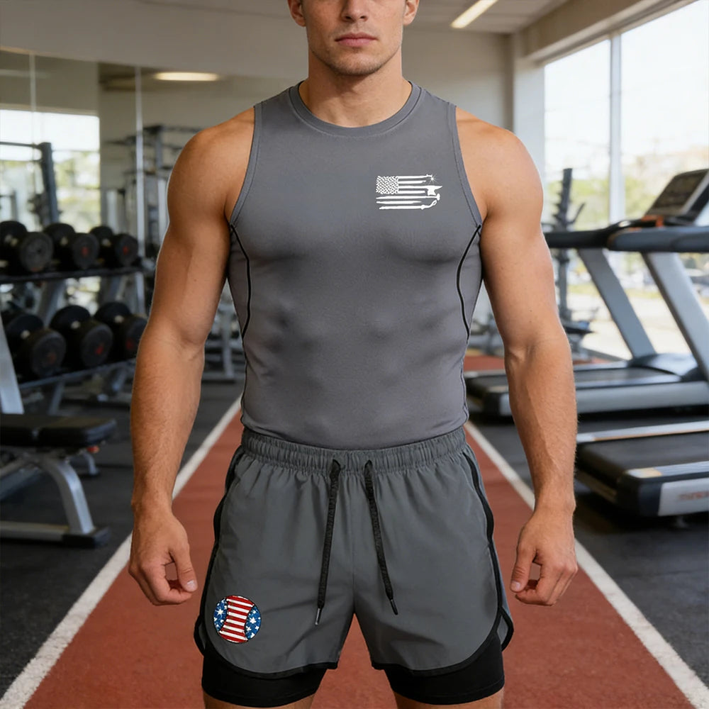 Men's Quick Dry Gym Workout 2 Piece Set Compression Sleeveless Shirt & Running Shorts Kit Flag Graphic Print Gym & Athletic Gear