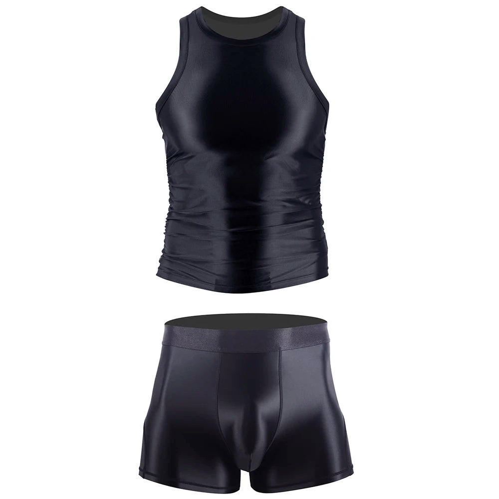 Men Silky Glossy Shiny Tracksuits Casual Sports Running Thin Smooth Activewear Sets Breathable Quick-drying Tank Top Shorts Sets
