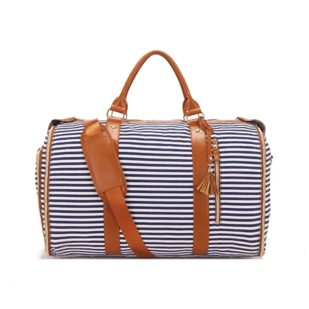 Striped Large Capacity Travel Bag Expandable Convertible Folding Suit Bag Foldable PU Material Garment Bag Gym Fitness