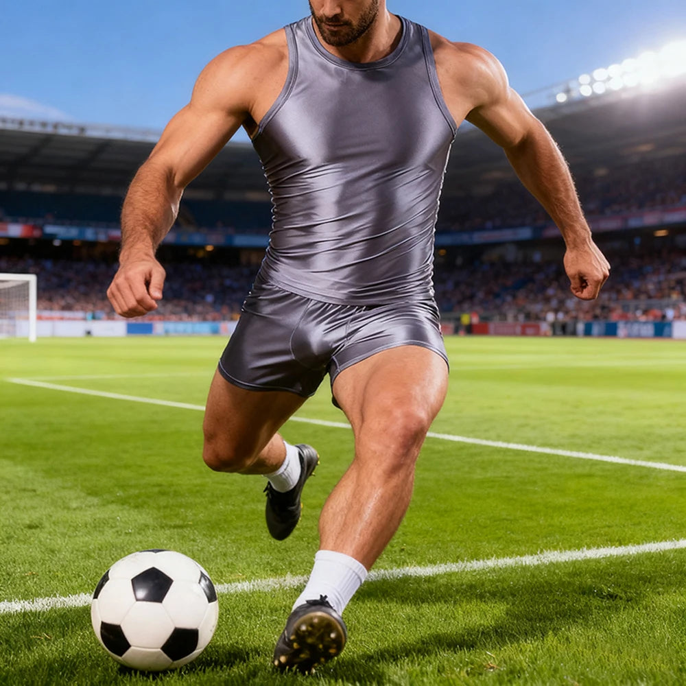 Men Silky Glossy Shiny Tracksuits Casual Sports Running Thin Smooth Activewear Sets Breathable Quick-drying Tank Top Shorts Sets