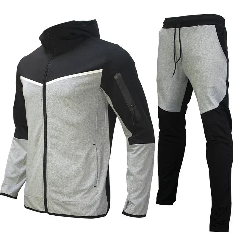 Autumn Men's Hooded Running Sets Patchwork Casual Tracksuits Zipper Jacket+Pants 2Pcs Sets Male Slim Gym Sportswear Jogging Suit