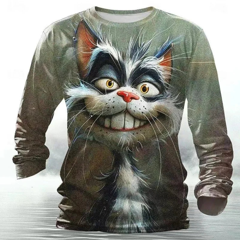 Funny animal design retro men 3D printing street casual daily gray longsleeved round neck shirt spring and autumn clothing