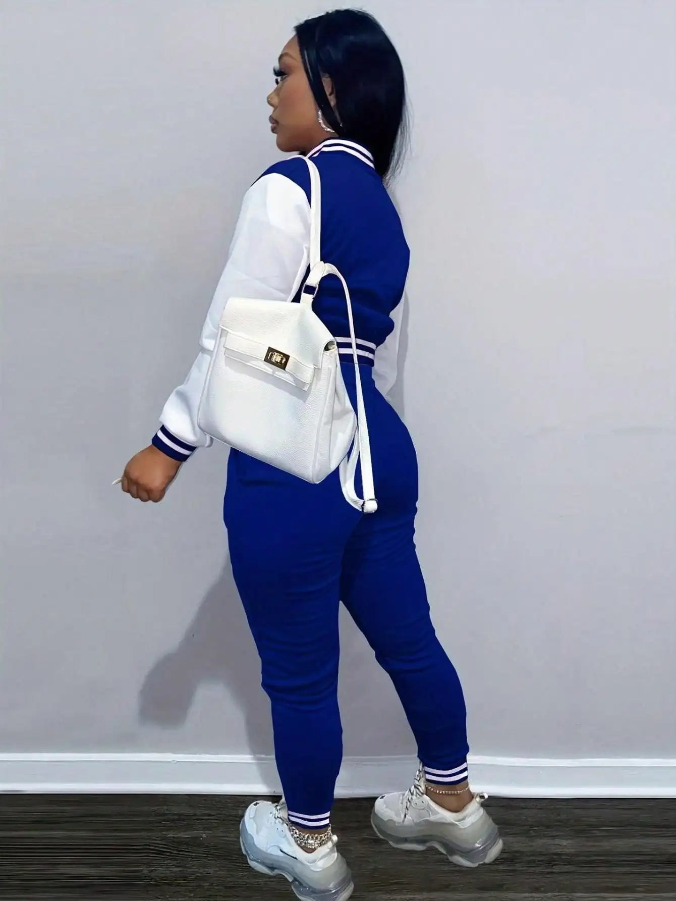 2-Piece Women's Black Sporty Jacket & Jogger Set with White Stripes