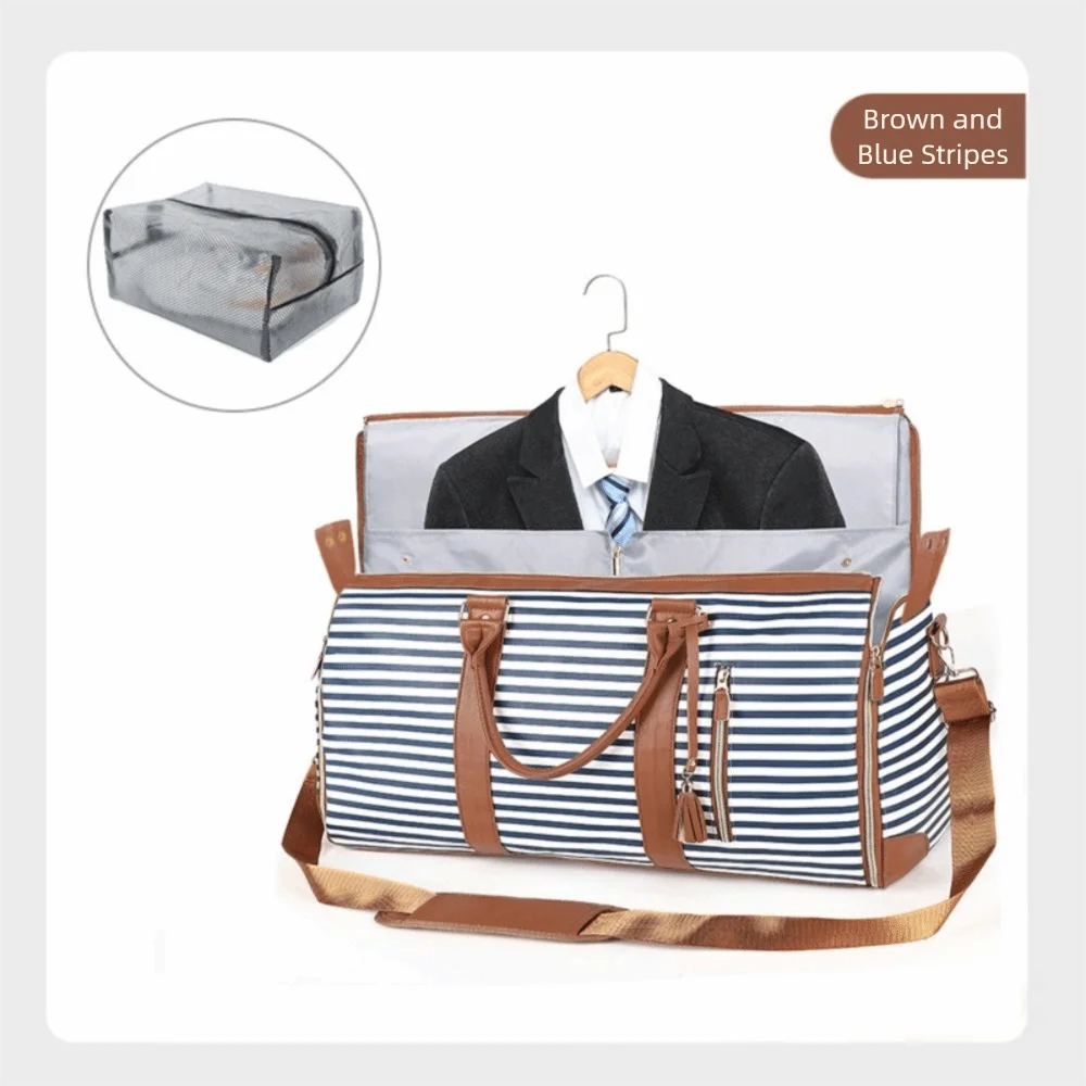 Striped Large Capacity Travel Bag Expandable Convertible Folding Suit Bag Foldable PU Material Garment Bag Gym Fitness