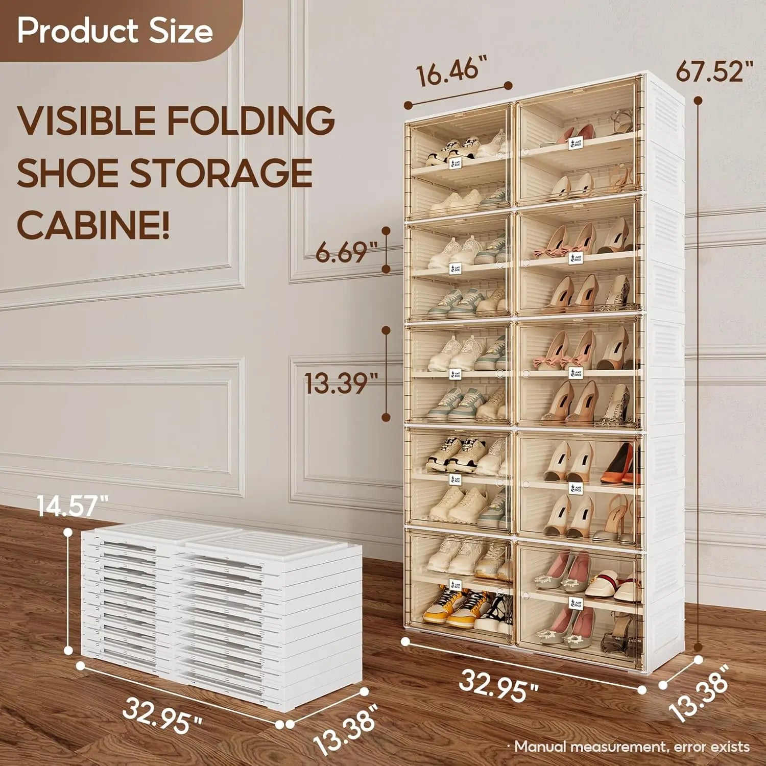Portable Shoe Rack Organizer for Closet Entryway, Stackable Sneaker Storage Shoe Cabinet with Magnetic Clear Door