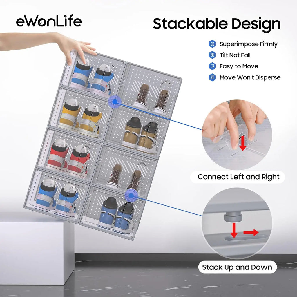 eWonLife Large Shoe Organizer Storage Box with Magnetic Door,12 Pack Clear Plastic Stackable Sneaker Containers for Closet, Conn