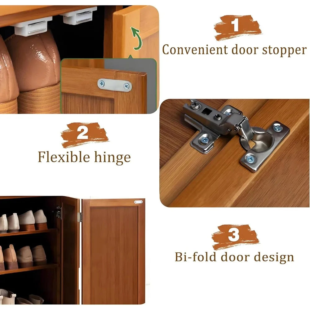 Bamboo Shoe Cabinet, 8-Tier Shoe Cabinet with Doors, 36-40 Pairs Freestanding Shoes of Heels Sneakers,Shoes Organizer Rack for E