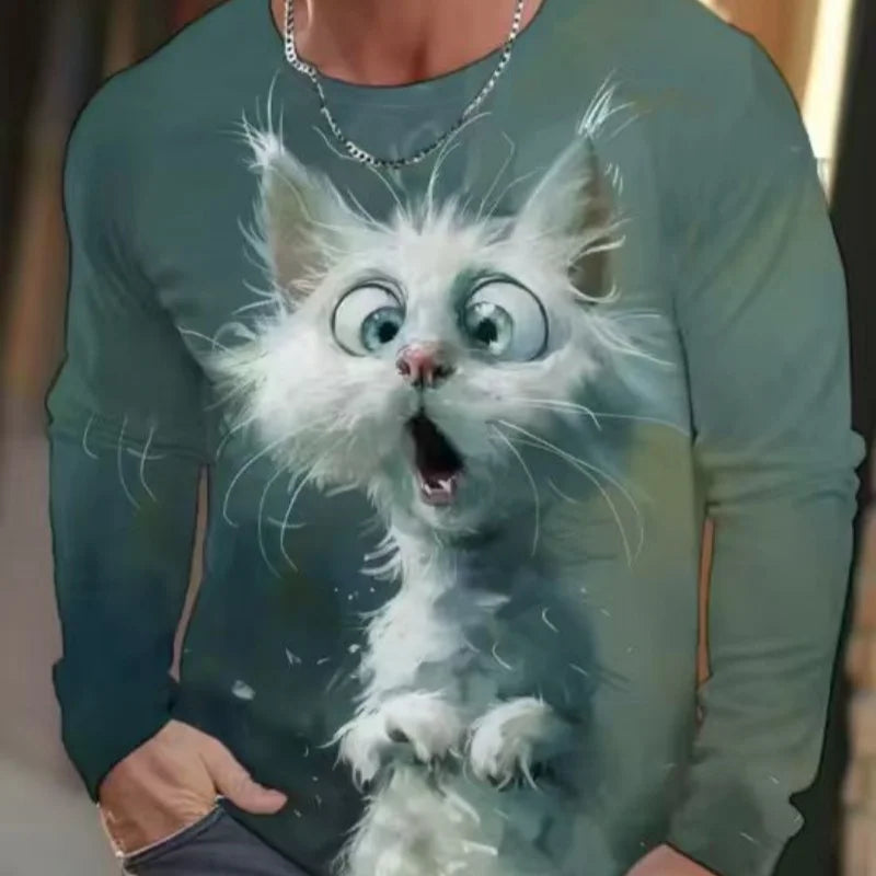 Funny animal design retro men 3D printing street casual daily gray longsleeved round neck shirt spring and autumn clothing