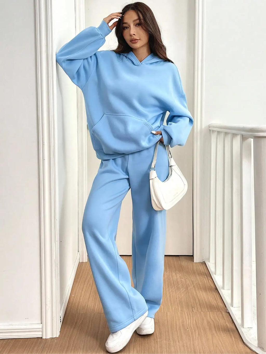 Women's 2-Piece Thermal Lined Hoodie and Wide-Leg Pants Set in Light Blue, Casual Lounge Wear for Autumn Winter