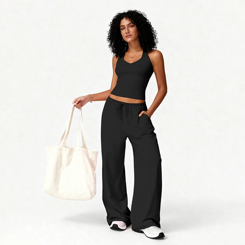 2PCS Elegant Solid Color Fitness Sports Clothes Women Quick-Drying Workout Suit Woman Loose Fit Gym Push Up Pilates Yoga Set