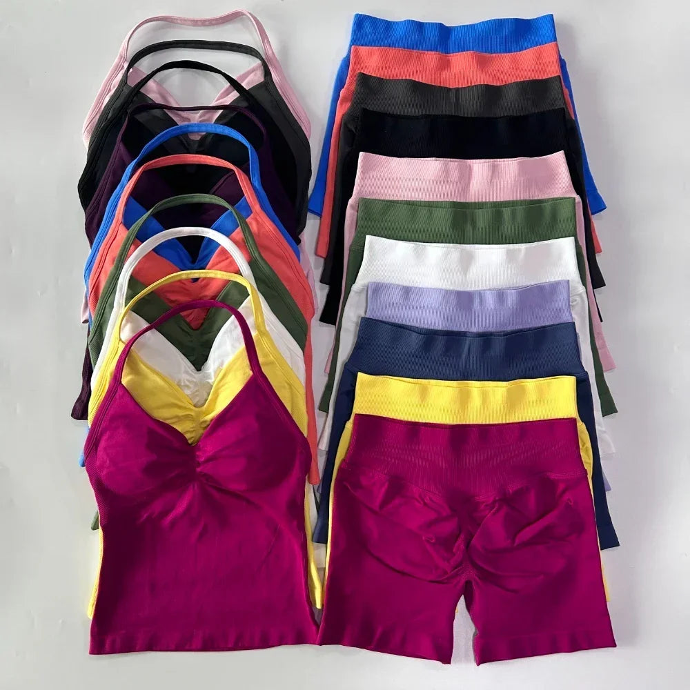2 Pieces Sports Set Women Backless Tank Tops High Waist Scrunch Seamless Shorts Sport Suit Gym Set Sportswear Workout Set