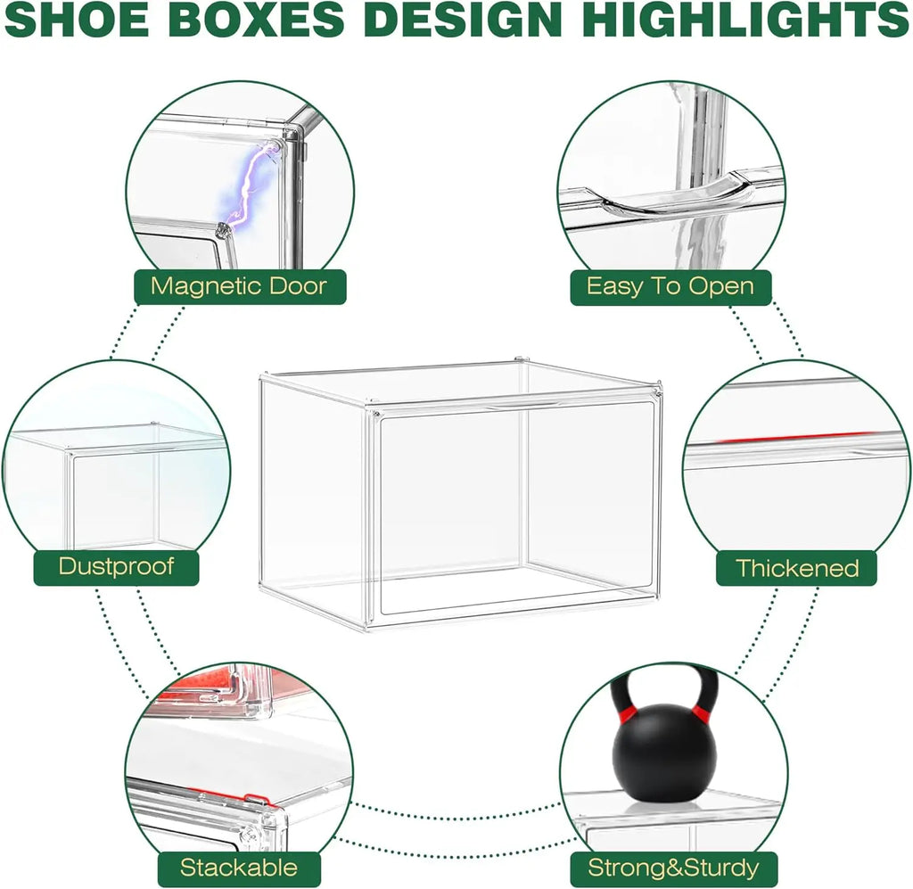 4-Pack Clear Plastic Stackable Shoe Storage Boxes with Magnetic Door, Thick Acrylic Display Case for Sneakers