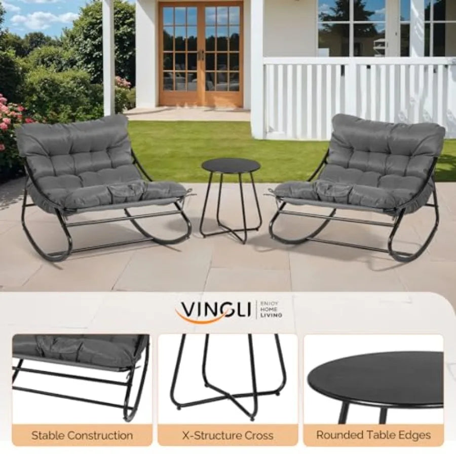 VINGLI Rocking Patio Chairs Set of 2 with Side Table Heavy Duty 400 LBS Capacity Padded Outdoor Indoor Rockers Grey