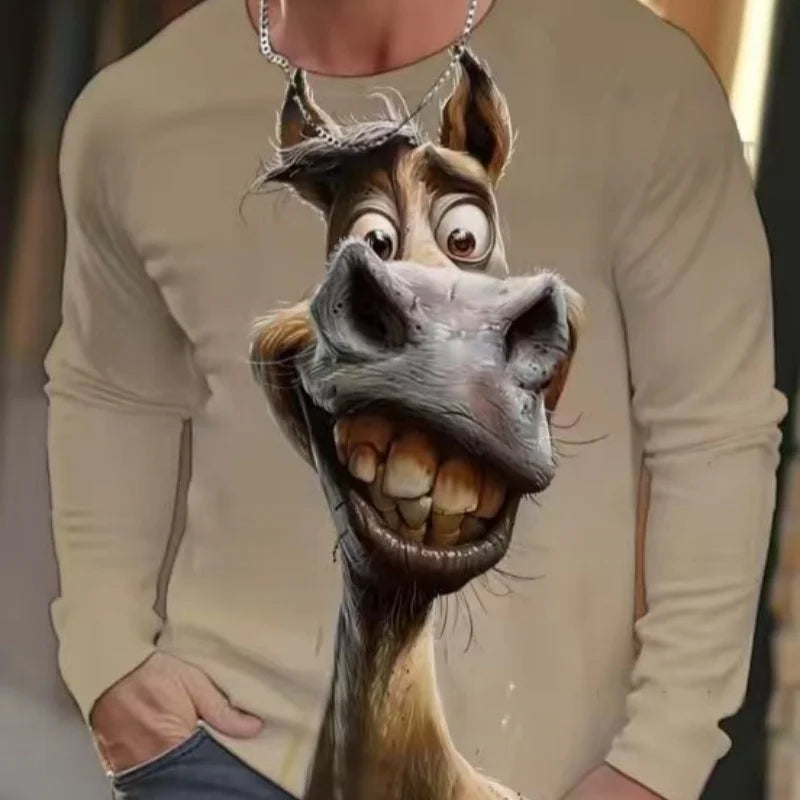 Funny animal design retro men 3D printing street casual daily gray longsleeved round neck shirt spring and autumn clothing