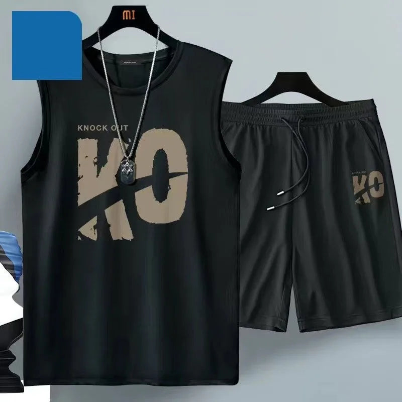 2Pcs 2026 Summer Men Clothing Harajuku Breathable fashion Sportswear Basketball suit casual short-sleeved T-shirt+shorts 2-piece