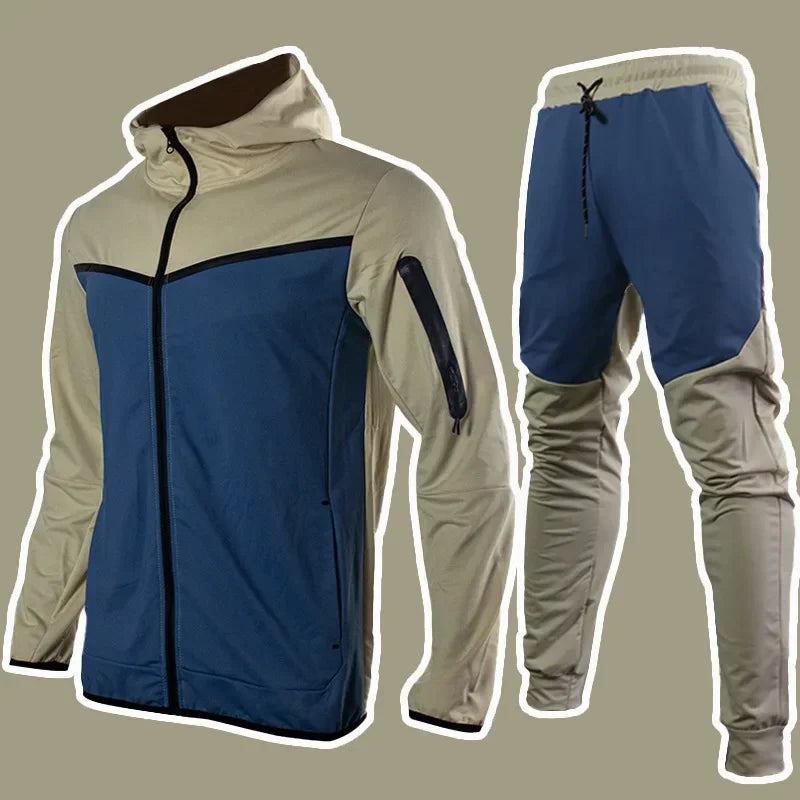 Autumn Men's Hooded Running Sets Patchwork Casual Tracksuits Zipper Jacket+Pants 2Pcs Sets Male Slim Gym Sportswear Jogging Suit